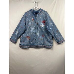 Denim & Co Floral Embroidered Denim Jacket Womens 3X Blue Lined Cottage Core